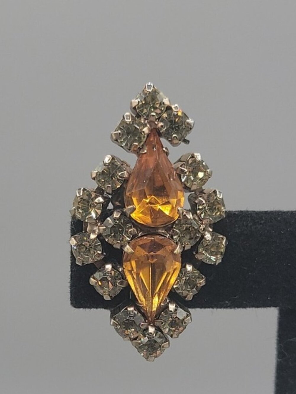 Vintage Clip-On Earrings Amber Gold Rhinestone Diamond Shaped Huge Sparkle - Picture 9 of 12